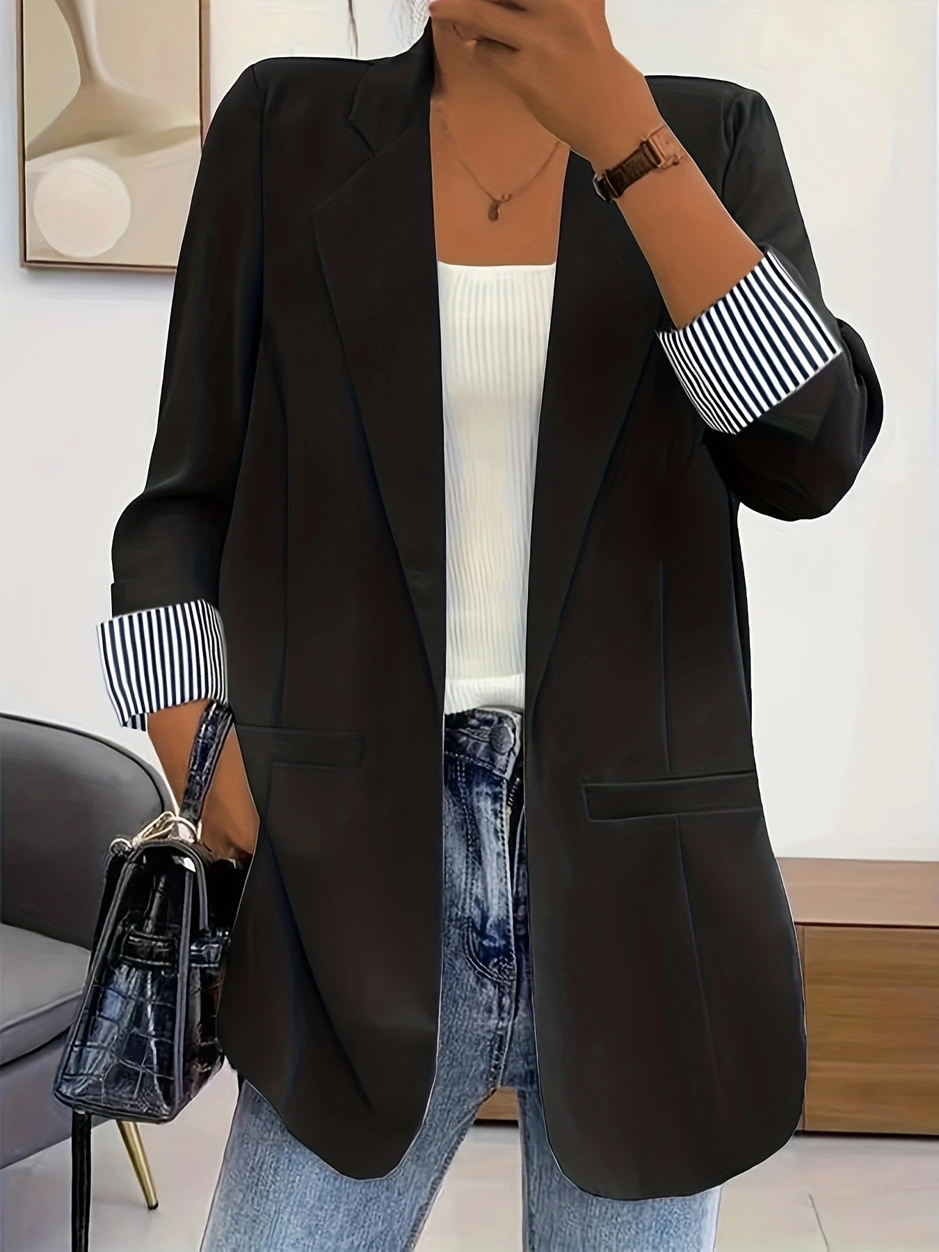 Fall Winter Slim Fit Patchwork Cardigan Graceful Blazer Women