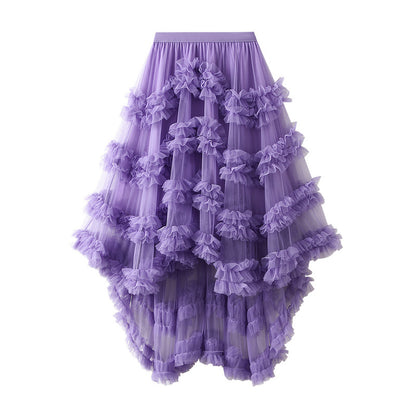 Yarn Skirt Candy Color Elastic Waist Fairy Mesh Skirt Puffy Irregular Asymmetric Ruffled Tiered Dress