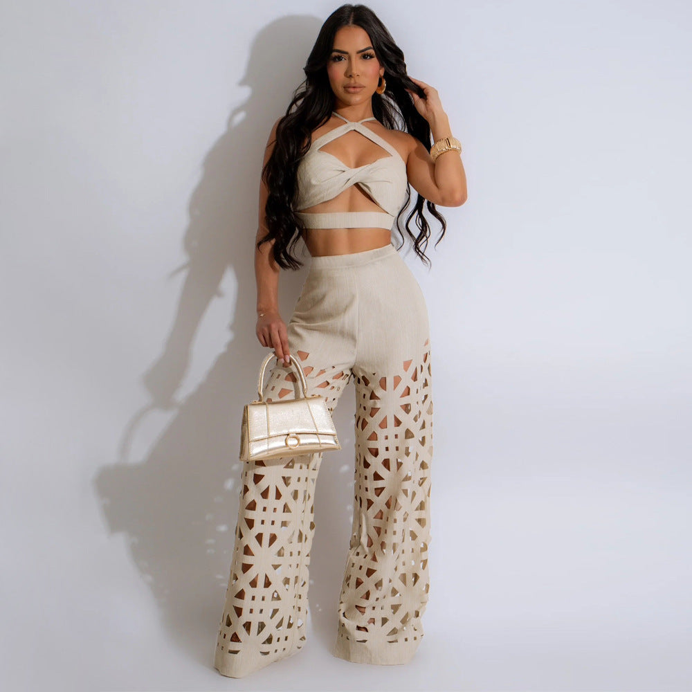 Two Piece Set of Burnt Floral Sexy Camisole Hollow Out Cutout out Wide Leg Pants Women