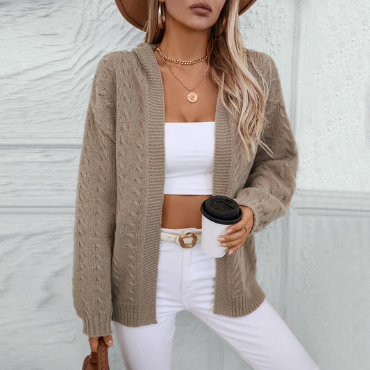 Autumn Winter Solid Color Hooded Knit Cardigan Women Retro Loose Long Sleeve Sweater Coat Women