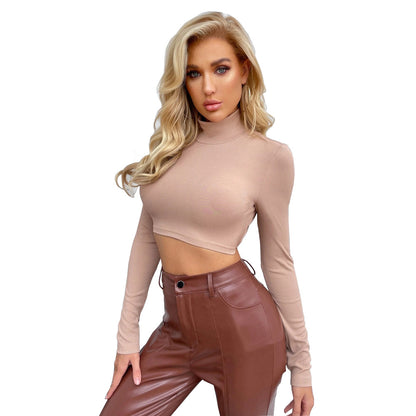 Autumn Winter Sexy Backless Slim Fit Short Turtleneck Long Sleeve T-shirt Top Bottoming Shirt