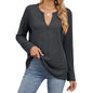 Spring Autumn Loose Fitting V Neck Long Sleeves Solid Color Casual T Shirt Top Women