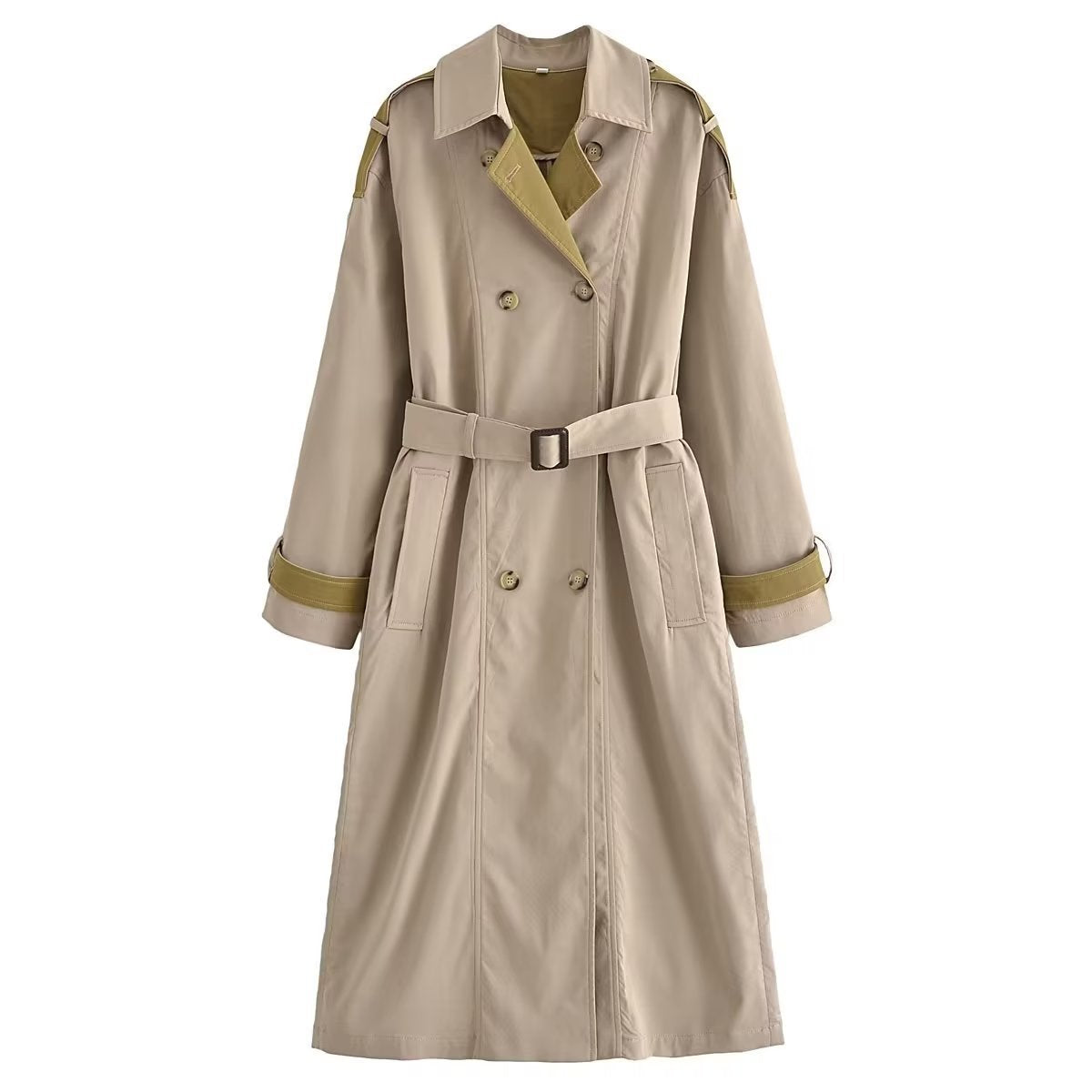 Fall Women Clothing Collared Long Sleeve Contrast Color Loose Trench Coat