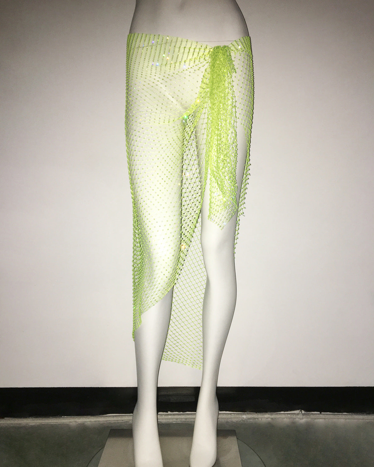 One Piece Triangle Hip Scarf Skirt Mesh Rhinestone Fishnet Skirt Sexy See Through Skirt