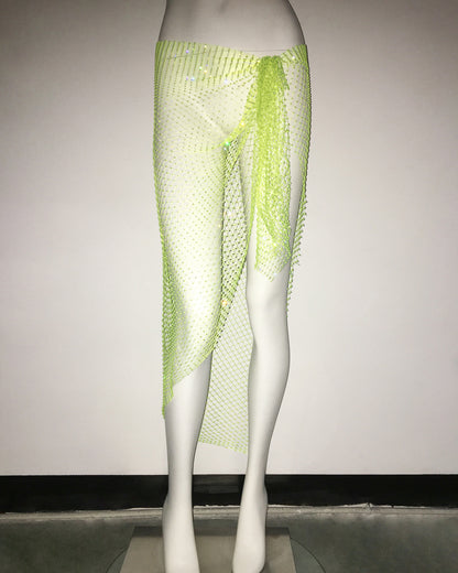 One Piece Triangle Hip Scarf Skirt Mesh Rhinestone Fishnet Skirt Sexy See Through Skirt