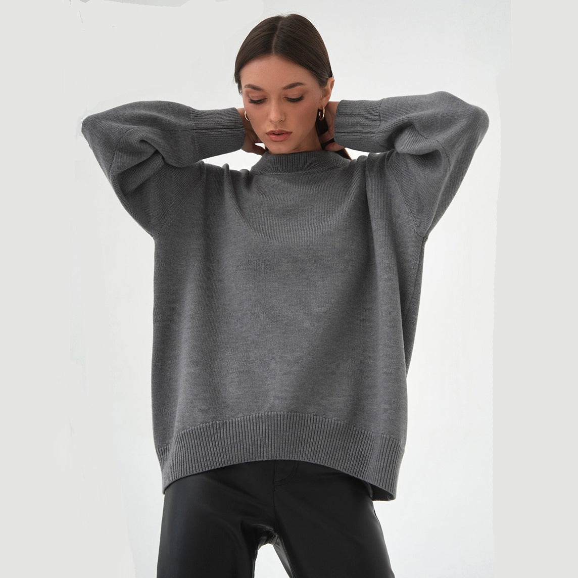 Solid Color round Neck Sweater Autumn Winter Office Casual round Neck Knitted Sweater