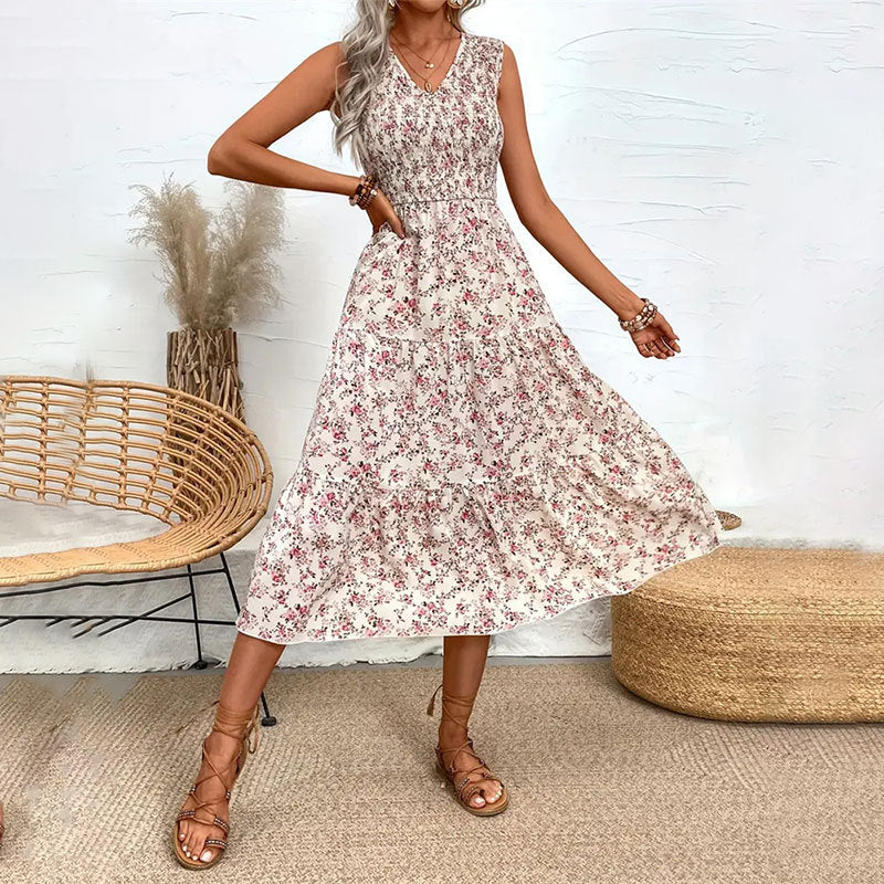 Women Floral Smocking Ruffled Slim Sleeveless Maxi Dress Spring Summer Women Design Long Tiered Dress Dress No Belt