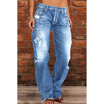 Women Denim Trousers Mid Waist Straight Leg Pants