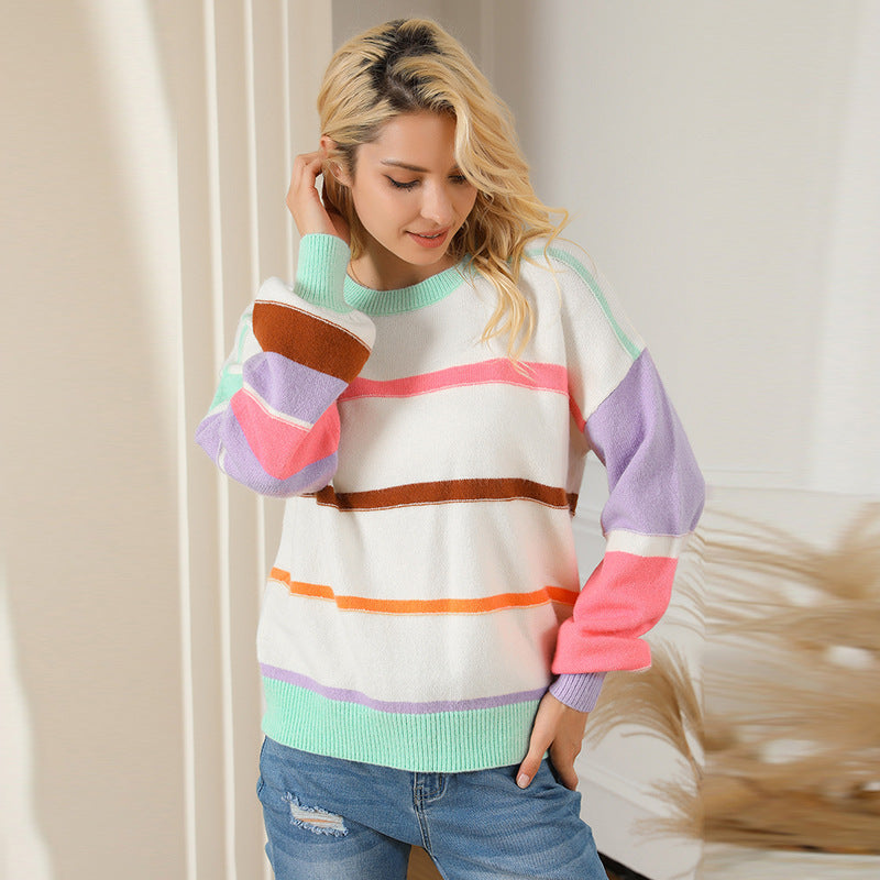 Autumn Pullover round Neck Long Sleeves Top Women Personalized Striped Contrast Color Dopamine Drop Shoulder Sweater Women