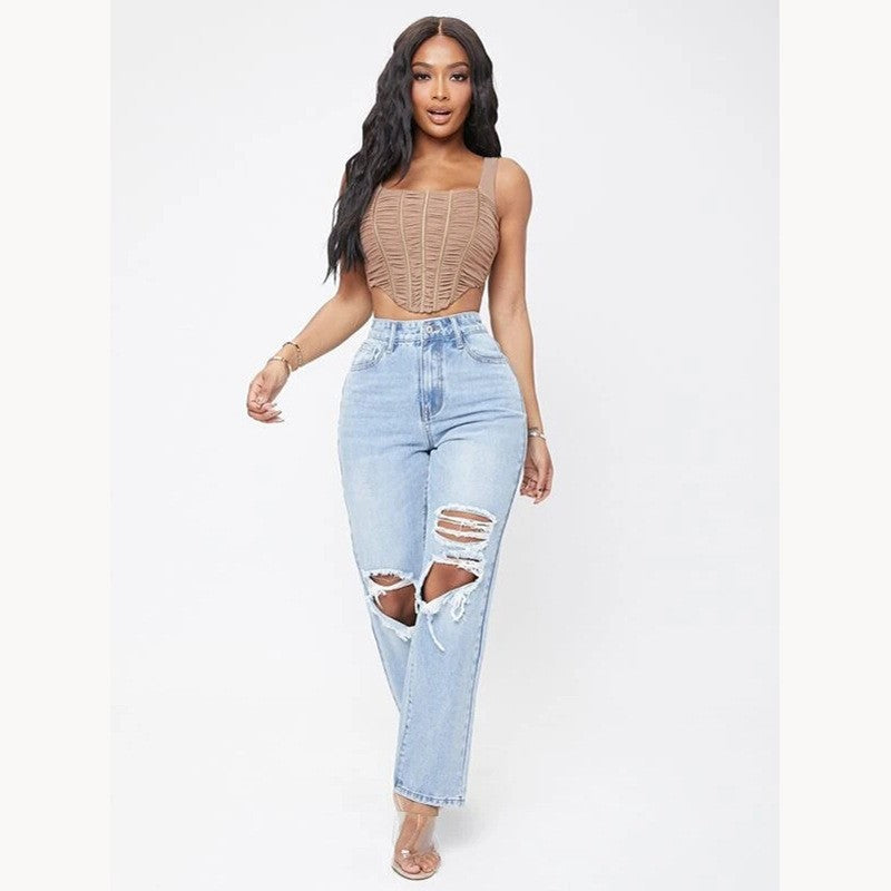 Jeans for Women Spring Summer Ripped Washed High Waist Loose Wide Leg Pants