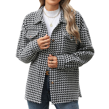 Autumn Winter Houndstooth Collared Loose Long Sleeve Pocket Woolen Coat