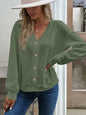 Autumn Winter Women Clothing Solid Color Buttons V Neck Loose Long Sleeved T Shirt Women