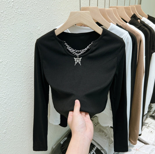 Inner Dralon Bottoming Shirt Women Autumn Winter Fleece Lined Butterfly Chain Niche Design Long Sleeve T Shirt