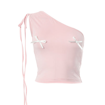 Sweet Spicy Pink Shoulder Lace up Three Dimensional Bow Pink Short Top Women Summer