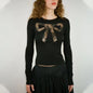 Retro Chic Hollow Out Cutout Lace Bow Laminated Top Slim Fit Long Sleeved T Shirt Women