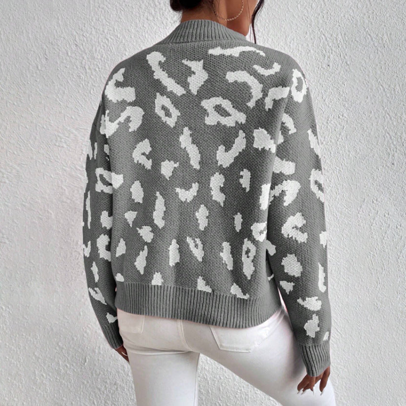 Women Clothing Sweater Pullover round Neck Sweater Spring Autumn Leopard Print Jacquard Top