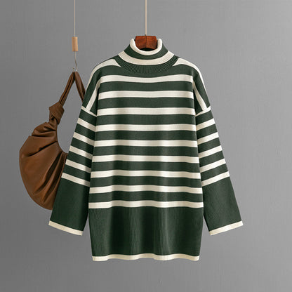 Striped Turtleneck Sweater Women Autumn Winter Loose Design Sweater Pullover Top