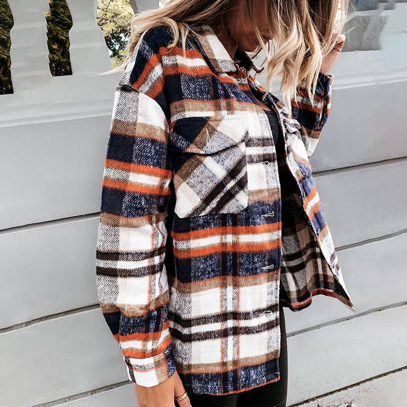 Autumn Winter Women Clothing Plaid Long-Sleeved  Single-Breasted Casual Outerwear Shacket Jacket Outerwear