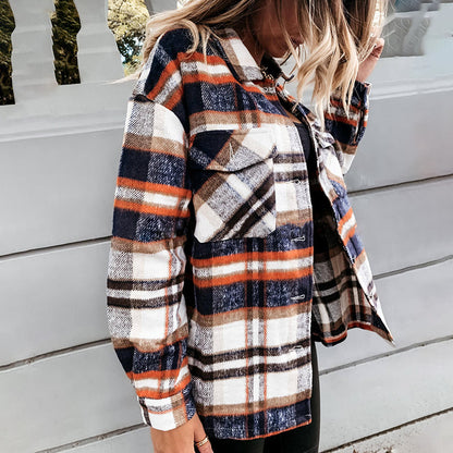 Autumn Winter Women Clothing Plaid Long-Sleeved  Single-Breasted Casual Outerwear Shacket Jacket Outerwear