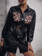 Mid Length Faux Leather Shirt Leopard Print Splicing Machine Vehicle Cover Trench Coat Women
