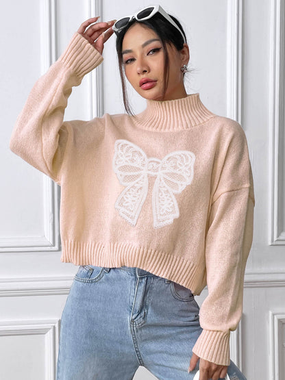 Women Short Top Clothing Turtleneck Pullover Bow Embroidery Patchwork Stitching Bottoming Shirt