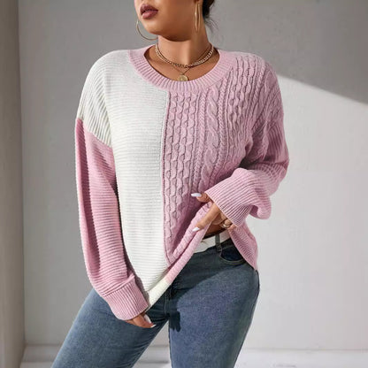 Sweater Top Autumn Winter Women Clothing Custom round Neck Contrast Color Sweater