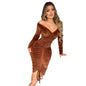 Women Clothing Autumn Winter V-neck off-Shoulder Velvet Pleating Sexy Mid-Length Dress