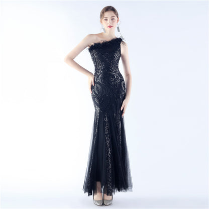 Craft Order Ostrich Feather Mesh Stitching Sequin High End Evening Dress