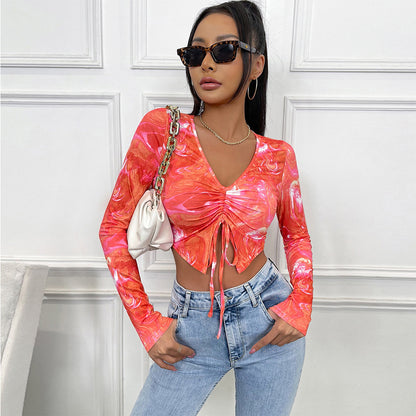 Women V neck Long Sleeve Drawstring Slim Fit Cropped Top Breathable Pleated Solid Color Simple Sweet T shirt Women Casual Spring Autumn Top