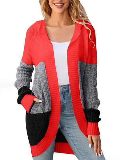 Women Clothing Sweater Spring Autumn Contrast Color Hooded Casual Cardigan All Match Knitted Coat