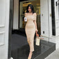 Spring Off Shoulder Pleated Dress Slim Fit Slimming Slit Bottoming Formal Dress