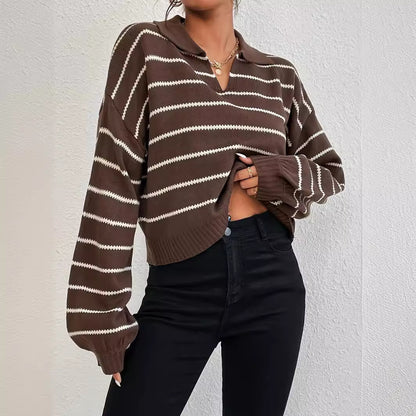 Winter Loose All Matching Striped Collared Knitted Pullover Sweater Casual Sweater Outerwear Top