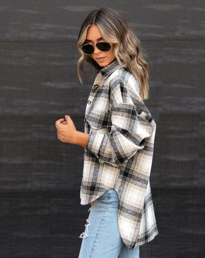 Autumn Winter Long Sleeve Loose Plaid Shirt Woolen Coat for Women