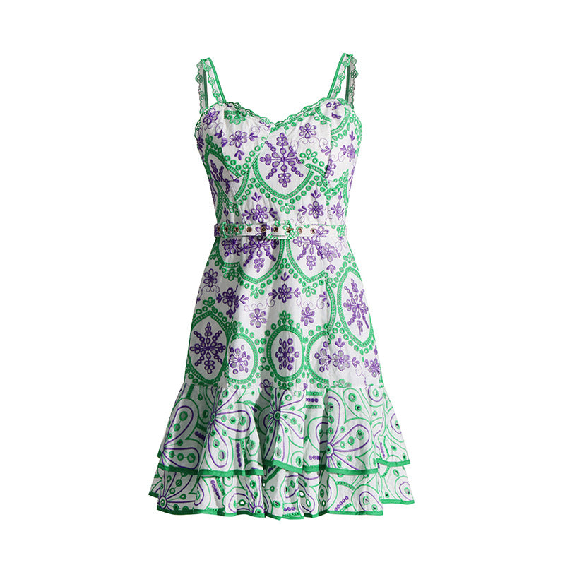 Summer Machine Embroidery Sexy Spaghetti Strap Ruffle Dress Waist Slimming Short Temperamental Dress