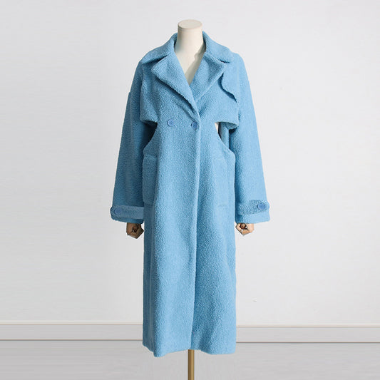 Fall Hollowed out Design Twisted Waist Slimming Long Blue Plush Coat for Women