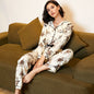 Home Wear Four Seasons Cardigan Long Sleeve Collared Top Trousers Floral Print Pajamas Can Be Worn outside