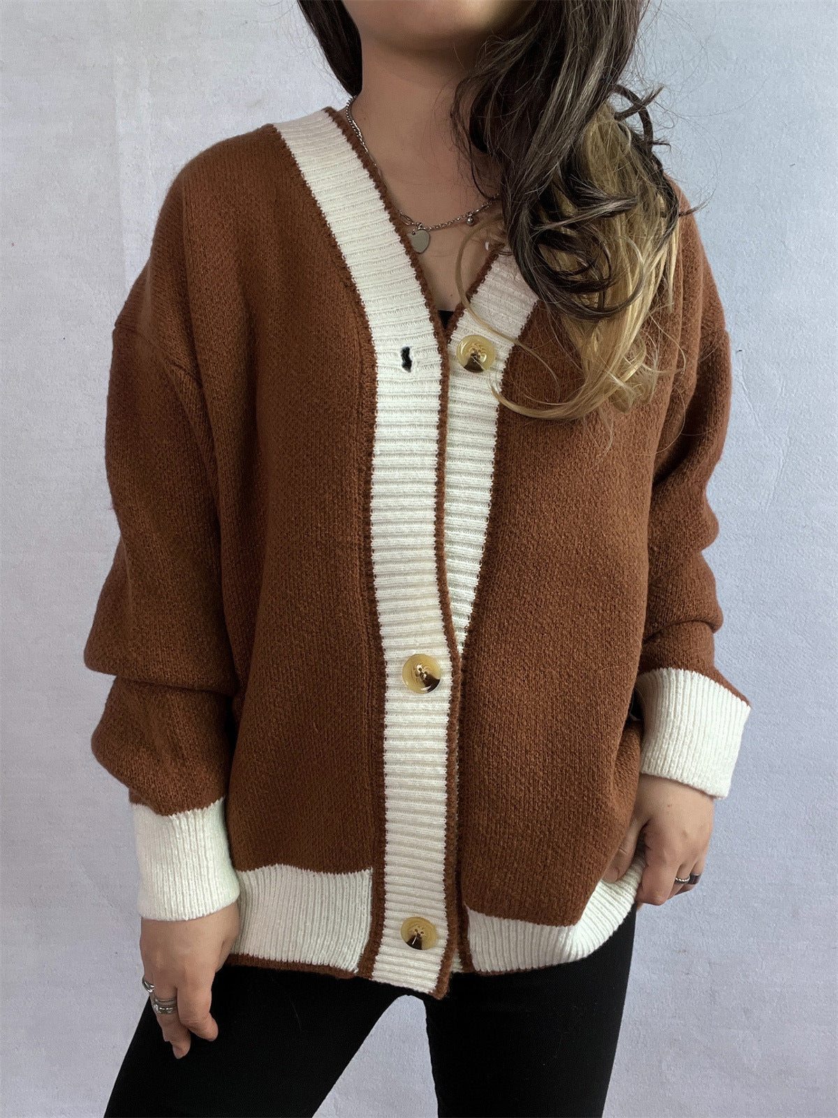 Autumn Winter Contrast Color Cardigan Sweater Street Loose Knitted Sweater