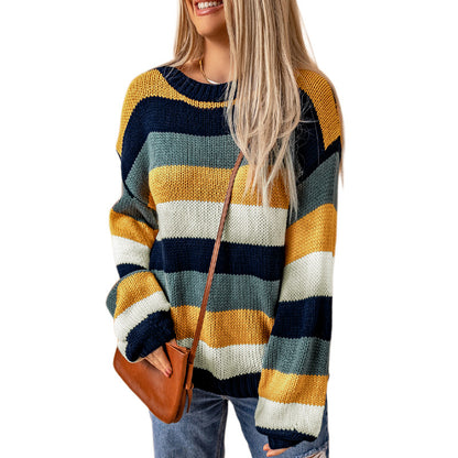 Winter Contrast Color Striped Stitching Sweater for Women Casual Drop Shoulder Long Sleeve Pullover for Women