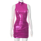 Women Clothing Sexy round Neck Sleeveless Faux Leather Hip Tight Dress