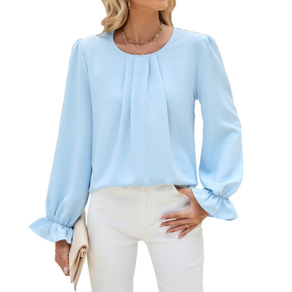 Autumn Winter Solid Color Round Neck Loose Long Sleeved Chiffon Top Bottoming Shirt