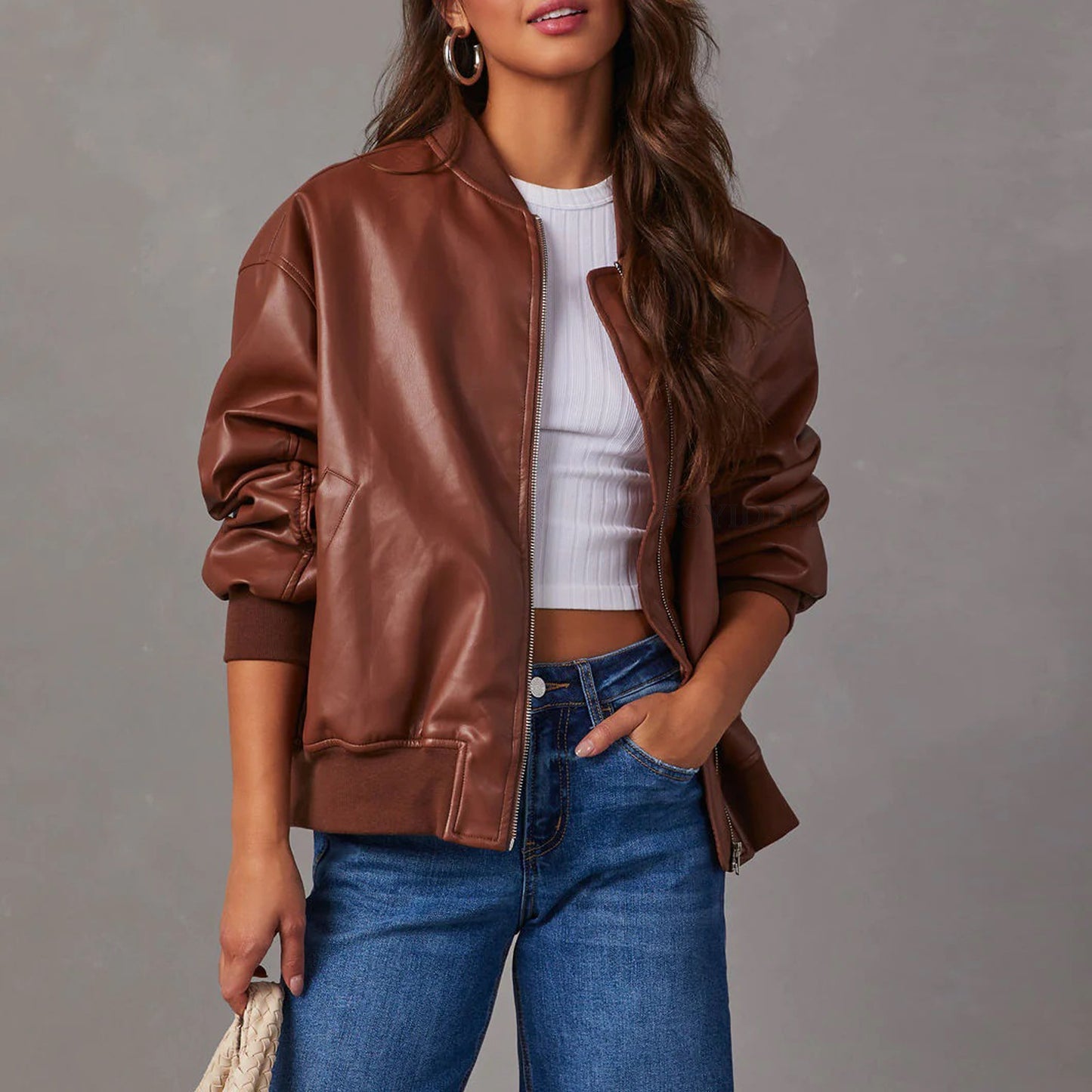 Autumn Winter Faux Leather Varsity Jacket Jacket Long Sleeved Motorcycle Jacket Leather Coat Coat Women