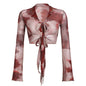 Spring Summer Niche Tie Dye Contrast Color Collar Hollow Out Cutout out Strap Skinny Short Long Sleeve Smock Top