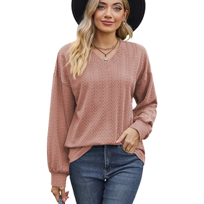 Autumn Winter Solid Color V neck Loose Casual Long Sleeves T shirt Top Women Clothing