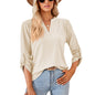 Autumn Winter Solid Color V-neck Three-Quarter Sleeve Button Loose-Fitting T-shirt Top Women