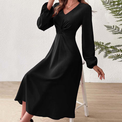 French Adult Lady like Woman V neck Dress Autumn Winter Elegant Elegant A line High Waist Midi Dress