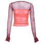 Autumn Trend Women Long Sleeve Square Collar Slimming Voile Cropped Color Matching Top