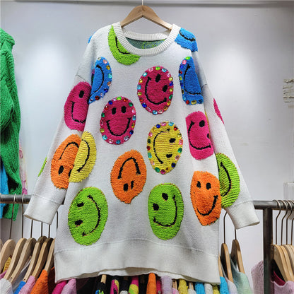 Heavy Industry Beads Smiley Pullover Women Autumn Winter All Matching Loose Lazy Knitted Top