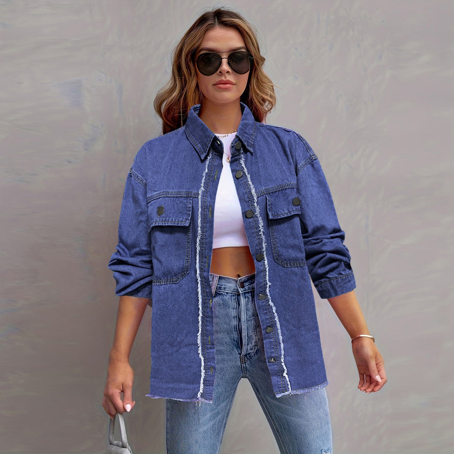 Women Clothing Loose Denim Jacket Street Washed Polo Collar Jacket Top Women