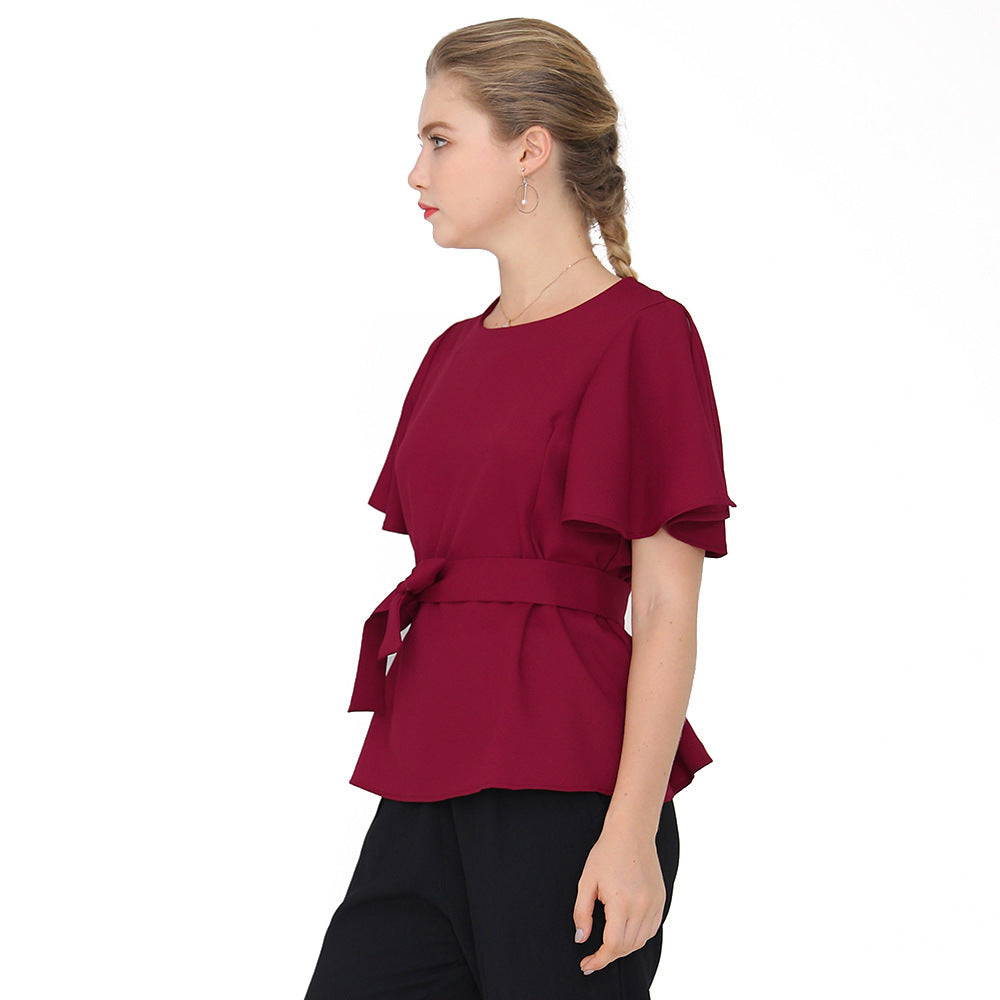 Spot Plus Size Women Clothing Spring Summer Waist Lace-up Solid Color Flying Sleeves