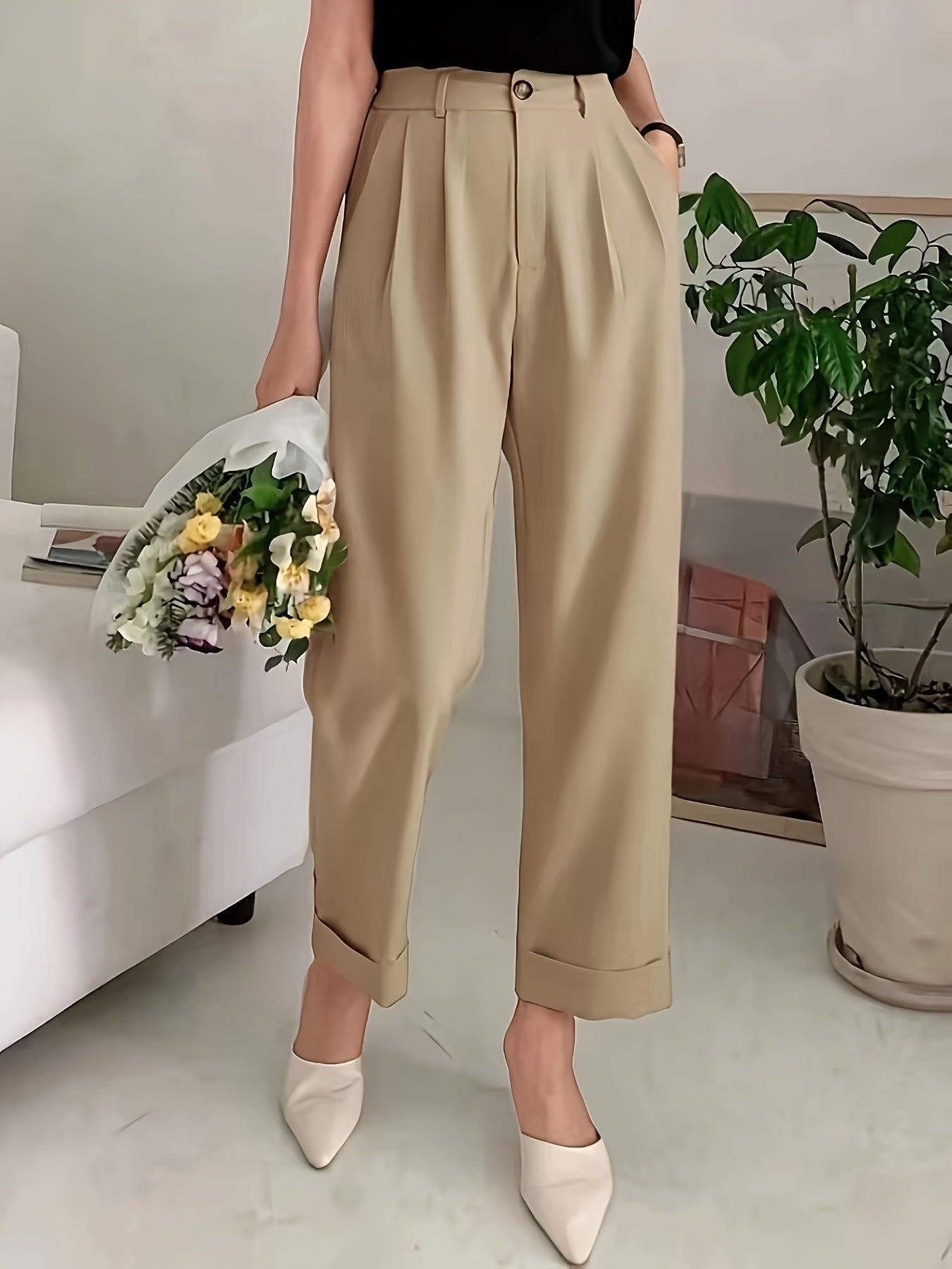 Office Drooping Slimming Real Pocket High Waist Wide Leg Pants Belt Wide Leg Casual Work Pant Women